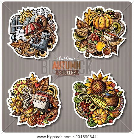 Set of Autumn season cartoon stickers. Vector hand drawn objects and symbols collection. Label design elements. Cute patches, pins, badges series. Comic style.