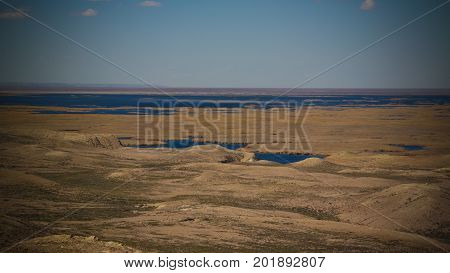Landscape of Sudochye lake aka part of former Aral sea at Urga fishing village at Karakalpakstan Uzbekistan