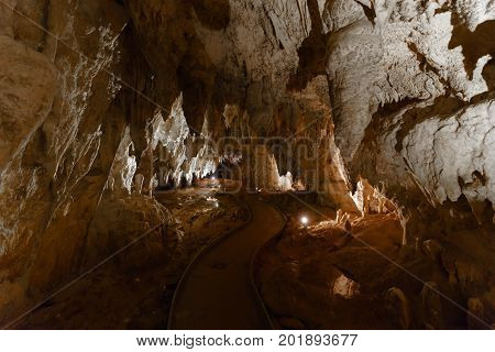 Stalactite and stalagmite in Waitomo cave North Island of New Zealand