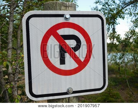 No Parking Sign Against a Forest Background.