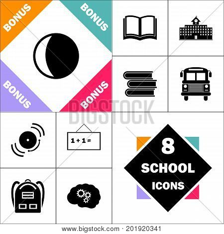 lunation Icon and Set Perfect Back to School pictogram. Contains such Icons as Schoolbook, School  Building, School Bus, Textbooks, Bell, Blackboard, Student Backpack, Brain Learn