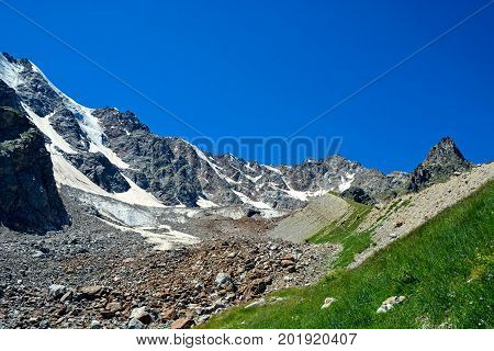 Amazing nature view of green mountain forest and tree growing on a rock, natural landscape perspective, Caucasus, Russia.