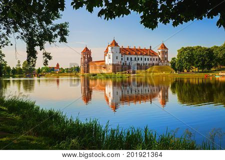 Mir Belarus - August 11 2016: Mir Castle is a museum and castle complex on the shore of the lake. Medieval fortress - historical heritage of Belarus. UNESCO World Heritage.