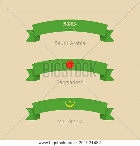 Ribbon With Flag Of Saudi Arabia, Bangladesh And Mauritania.