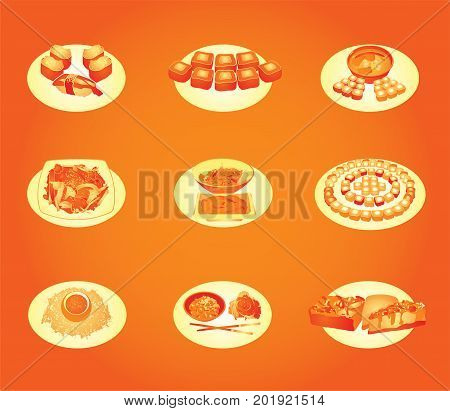 Vector stylized japanese food. 
Soup, sushi, salad, wok, cheesecake and other.
