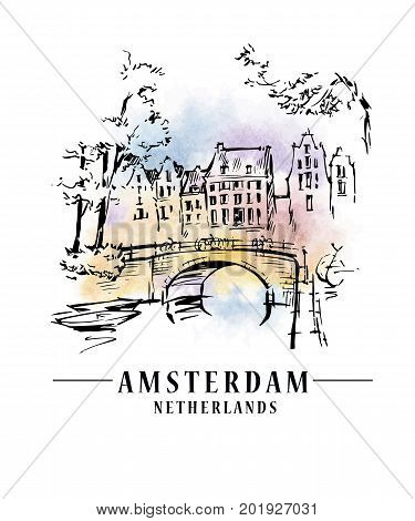 Bridge in Amsterdam, Holland, Netherlands Europe. Hand drawing. Travel sketch. Book illustration, postcard, poster in vector
