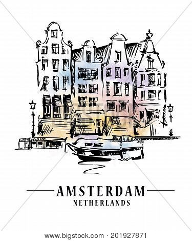 Bridge in Amsterdam, Holland, Netherlands Europe. Hand drawing. Travel sketch. Book illustration, postcard, poster in vector