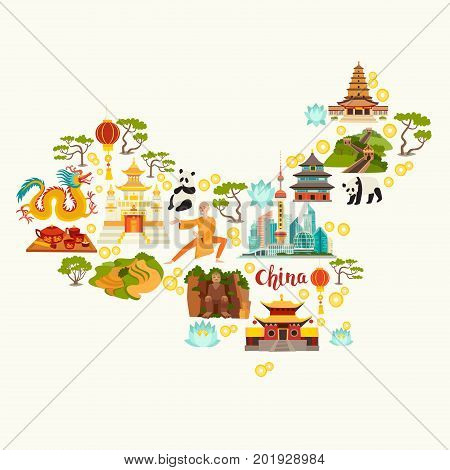China landmarks map silhouette. Hand drawn vector illustration for kid and children. Chinese travel attraction