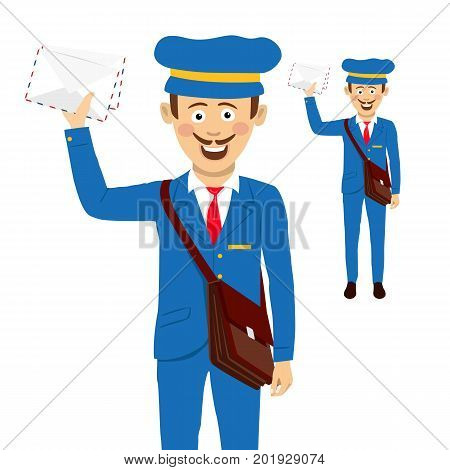 Cheerful postman with bag and letters on white