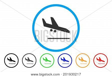 Aiplane Landing vector rounded icon. Image style is a flat gray icon symbol inside a blue circle. Bonus color versions are gray, black, blue, green, red, orange.