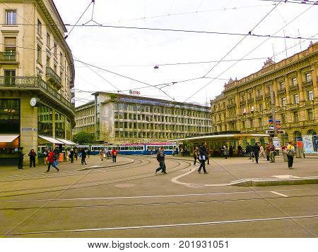 Zurich, Switzerland - May 02, 2017: The city center of Zurich, Switzerland. People on the background at Zurich, Switzerland on May 02, 2017