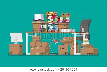 Pile of paper documents and file folders on office table. Carton boxes. Bureaucracy, paperwork, office. Chair, desk. Vector illustration in flat style