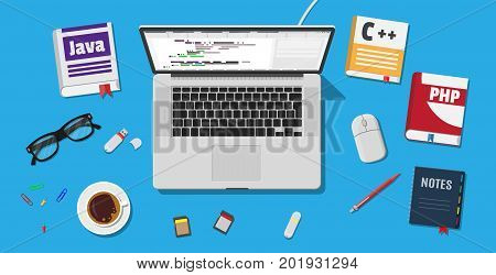 Workplace of programmer or coder. Desktop pc, laptop, books, coffee, glasses. Software coding, programming languages, testing, debugging, web site, search engine seo Vector illustration in flat style