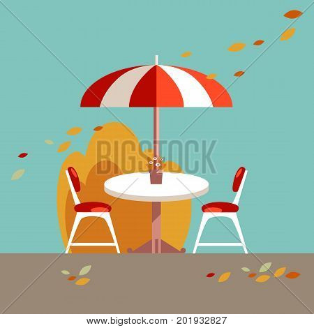 Simple table, umrella and chairs. Vector flat illustration. Picnic and cafe equipment. Fall colors, autumn leaf fall. Furniture.