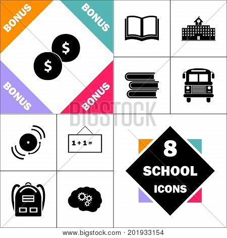 Coins Icon and Set Perfect Back to School pictogram. Contains such Icons as Schoolbook, School  Building, School Bus, Textbooks, Bell, Blackboard, Student Backpack, Brain Learn