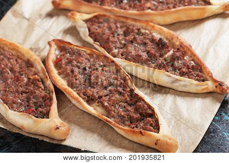 Turkish pide, meat and pastry street food similar to pizza