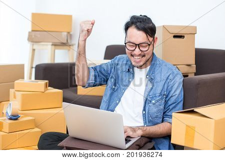 Young Asian Man Working At Home, Young Owner Man Start Up For Business Online, Sme, Delivery Project
