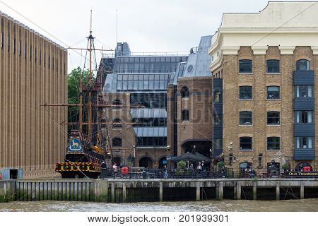 LONDON ENGLAND - JUNE 08 2017: View at Golden Hind English galleon captained bij Sir Francis Drake at South Bank of river Thames in London England
