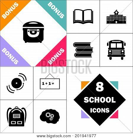 electric pan Icon and Set Perfect Back to School pictogram. Contains such Icons as Schoolbook, School  Building, School Bus, Textbooks, Bell, Blackboard, Student Backpack, Brain Learn