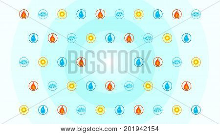 Vector icons with suns, fire, drops and clouds.