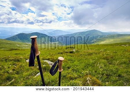 Hiking in the mountains in the summer.