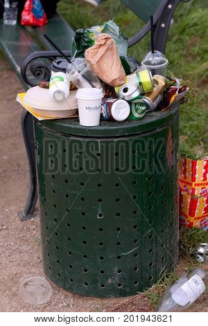 Overfull garbage can in city, Copenhagen August 26, 2017