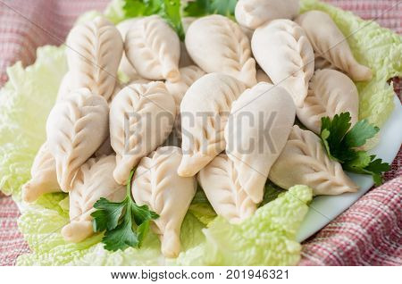 Frozen Dumplings On The White Plate With Green