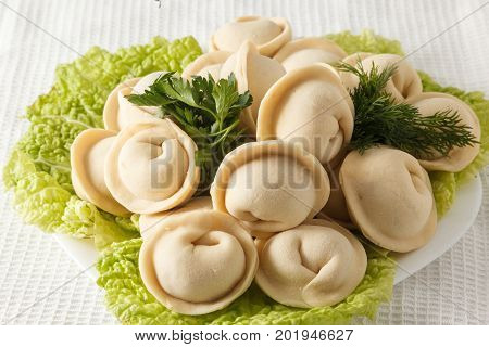 Frozen Dumplings On The White Plate With Green