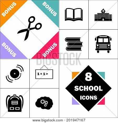 pruner Icon and Set Perfect Back to School pictogram. Contains such Icons as Schoolbook, School  Building, School Bus, Textbooks, Bell, Blackboard, Student Backpack, Brain Learn