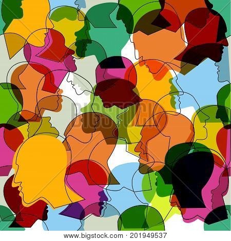Seamless pattern of a crowd of many different people profile heads. Vector background.