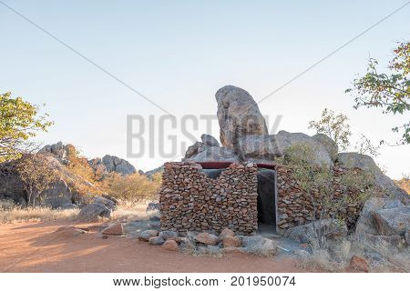 HOADA NAMIBIA - JUNE 27 2017: The toilets and showers at the Hoada Camp in the Kunene Region of Namibia blends in with the natural surroundings