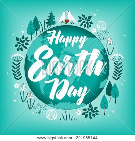 Globe in green leaves wreath. April 22. Happy Earth Day banner. Planet Day doodle card design. Vector illustration