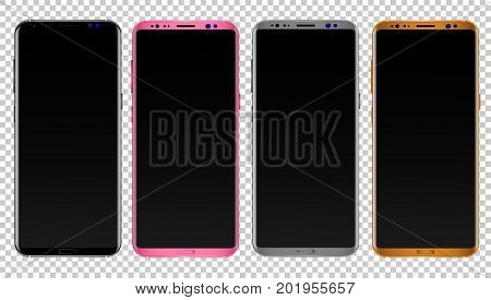 Colored concept of modern phones 4 x 1 with empty screens, realistic black, silver, gold and rose mobile templates on transparent background. High quality vector illustration.