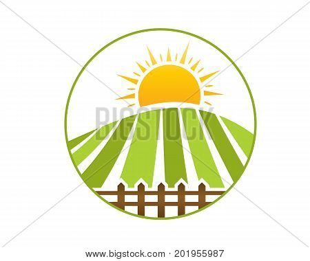 farm field with sun and farm fence within an outline of circle, farm logo, wide field logo, icon design, isolated on white background.