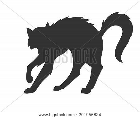 black vector silhouette of the arched disheveled cat on the white background