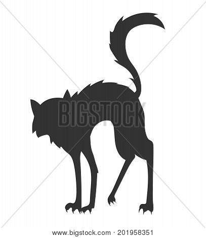 simple black cartoon vector silhouette of the arched disheveled cat on the white background