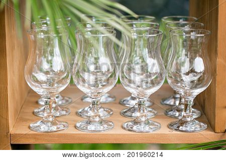 Detail of glasses at an event on a sunny summer day. party in a Villa on the shore of the sea