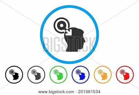 Brain Interface Plug-In vector rounded icon. Image style is a flat gray icon symbol inside a blue circle. Bonus color variants are grey, black, blue, green, red, orange.