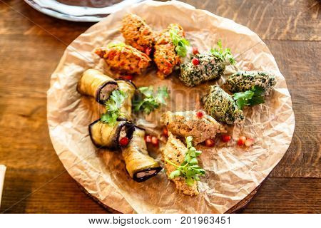Traditional Georgian Cuisine Snacks - Rolls Of Eggplant And 