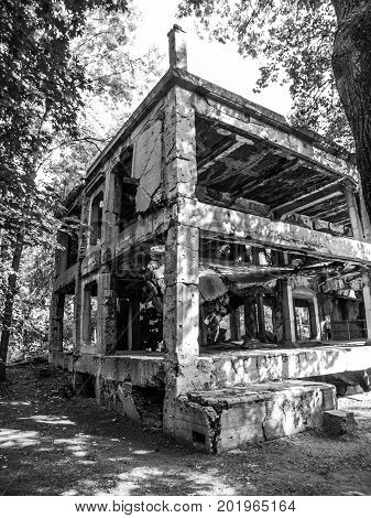 Ruined barracks on Westerplatte peninsula, Gdansk, Poland Black and white image.