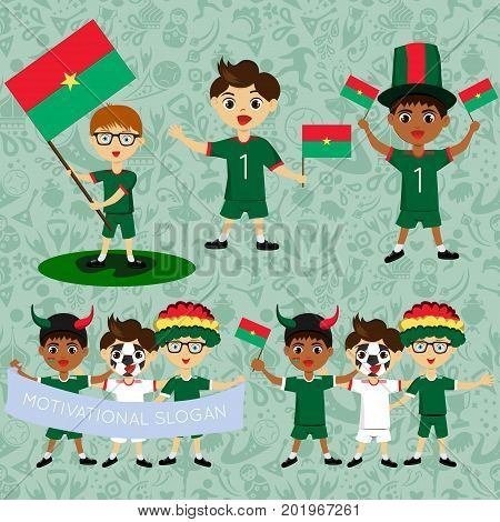 Set of boys with national flags of Burkina faso. Blanks for the day of the flag independence nation day and other public holidays. The guys in sports form with the attributes of the football team