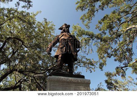SAVANNAH, GA - JULY 22: The imposing James Oglethorpe monument presides over Chippewa Square July 22, 2017 in Savannah, Georgia