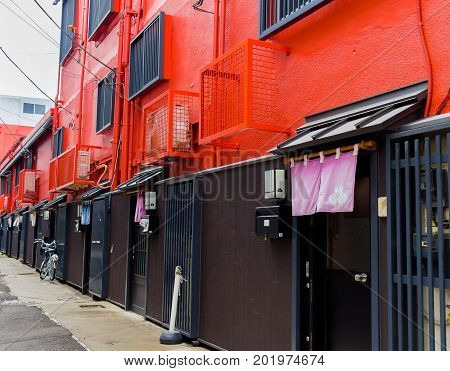 HAKONE, JAPAN - JULY 02, 2017: New and beautiful red apartments in Hakone, Japan