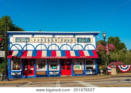 CHAGRIN FALLS OH - JULY 30 2017: The Popcorn Shop in Chagrin Falls perched just above the falls themselves is one of the village's most popular attractions.