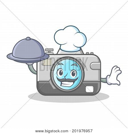 Chef with food camera caharacter cartoon design vector illustration