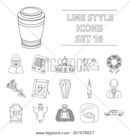Funeral ceremony set icons in outline design. Big collection of funeral ceremony vector symbol stock illustration