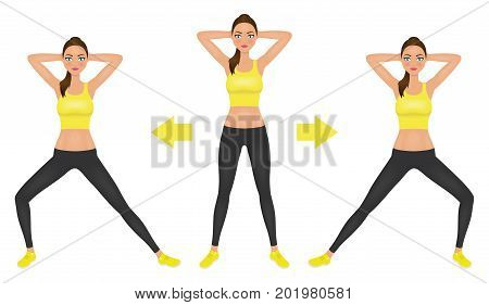 Young pretty woman make lunge exercise with hands behind head. Fit girl in leggings and crop top. Vector illustration