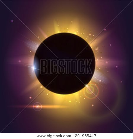 Solar eclipse, astronomical phenomenon - full sun eclipse. Blurred light rays and lens flare backdrop. Glow light effect. Star burst with sparkles. The planet covering the Sun in eclipse