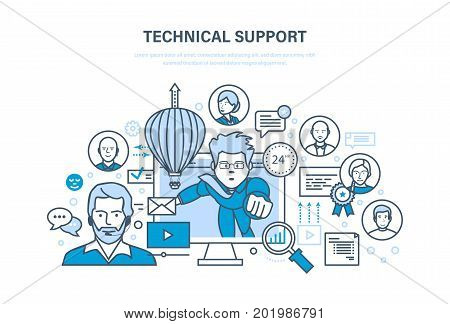 Technical support, call center, consultation and communication, information technology, system consulting clients. First computer aid. Illustration thin line design of vector doodles.