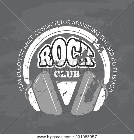Retro vector opening rock music club, music shop vintage poster or flyer with headphones on grunge texture illustration